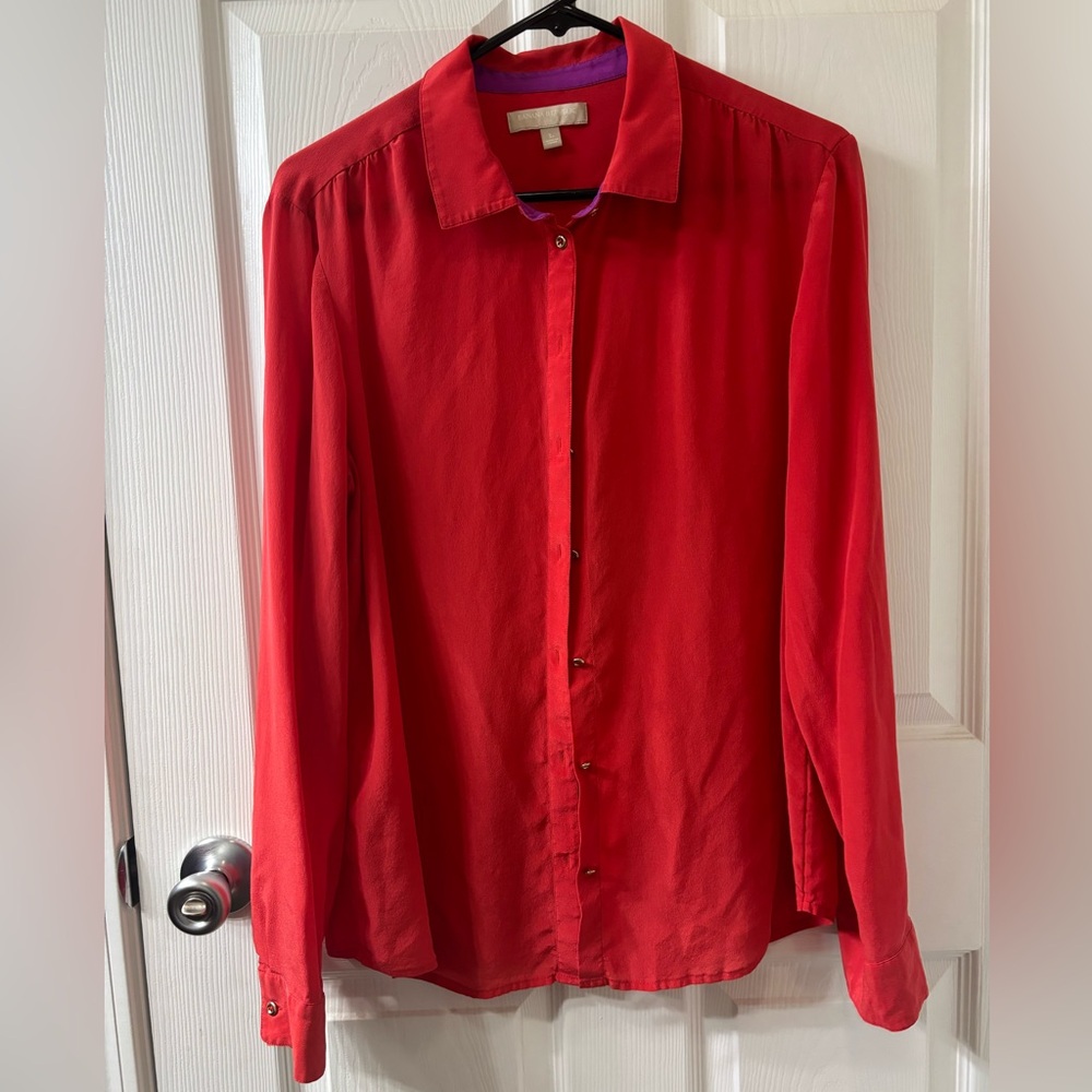 Banana Republic 100% Silk Red Button Down Long Sleeve Blouse W/ Purple Accents L